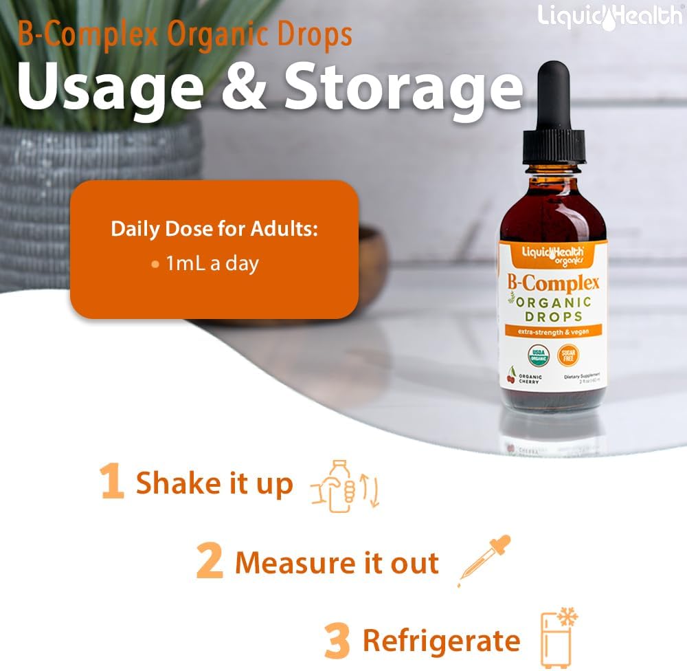 LIQUIDHEALTH USDA Organic Vitamin B Complex Drops for Men and Women - Natural Energy, Improved Focus, Memory and Mood, Immune Support, Metabolism Boost - Made in USA, Extra Strength, No Sugar, Vegan (Pack of 2) - görsel 4