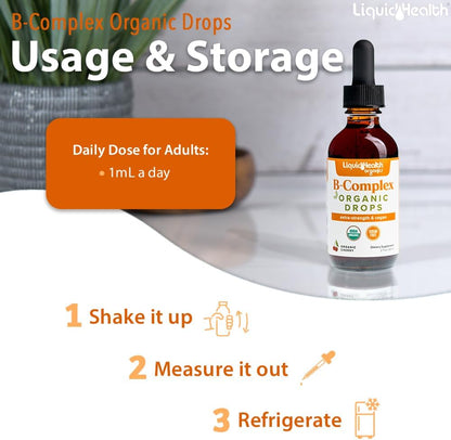LIQUIDHEALTH USDA Organic Vitamin B Complex Drops for Men and Women - Natural Energy, Improved Focus, Memory and Mood, Immune Support, Metabolism Boost - Made in USA, Extra Strength, No Sugar, Vegan (Pack of 2)