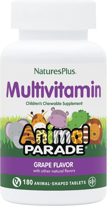 NaturesPlus Animal Parade Children's Chewable Multivitamin, Grape Flavour, 180 Animal-Shaped Tablets