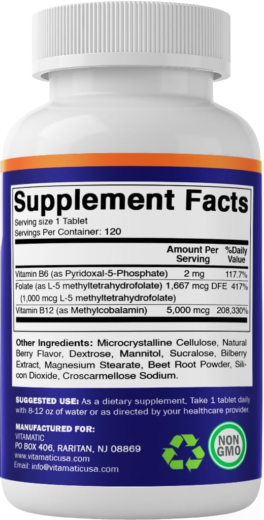 Vitamatic Methyl Folate & B12 Supplement with Pyridoxal 5-Phosphate (P-5-P) - 120 Fast Dissolve Tablets - görsel 8
