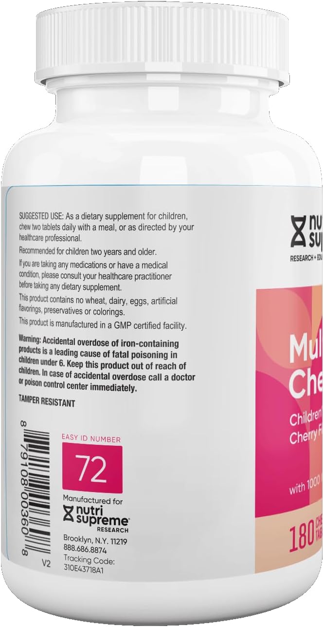 Delicious Children's Multivitamin, 180 Vegetarian Chews – Complete Supplement with Essential Vitamins and Minerals - Vitamin A, B, C, D3, Calcium, Iron, Folic Acid, Zinc – Cherry Flavour - görsel 3