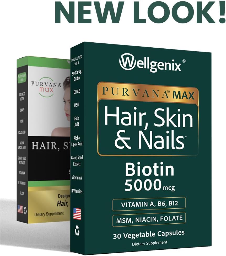 Wellgenix Purvana MAX Hair, Skin and Nails Supplement – 5000mcg Biotin with MSM & B-Complex – 30 Veggie Capsules - görsel 2