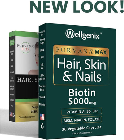 Wellgenix Purvana MAX Hair, Skin and Nails Supplement – 5000mcg Biotin with MSM & B-Complex – 30 Veggie Capsules