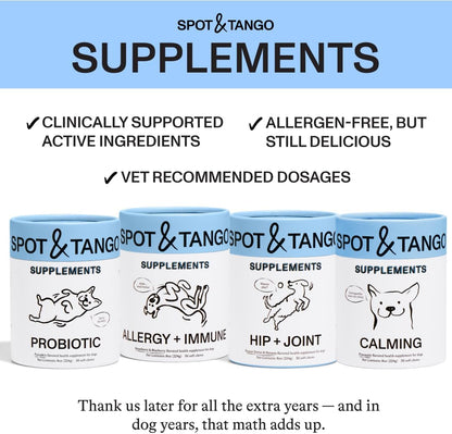 Spot & Tango Probiotics Supplements for Dogs - Vet-Approved for Healthy Digestion and Balanced Gut - Pumpkin, Turmeric, Chicory Root, Black Pepper, Nine-Strain Probiotic Blend, 56 Count