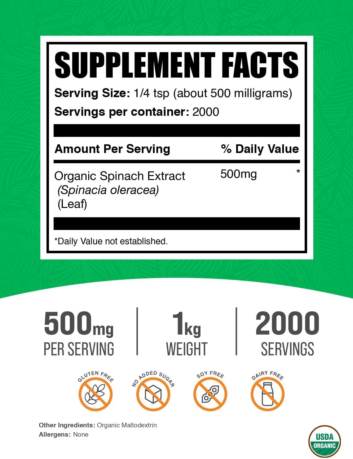 Organic Spinach Extract Powder - 500mg per Serving, 1kg - görsel 2
