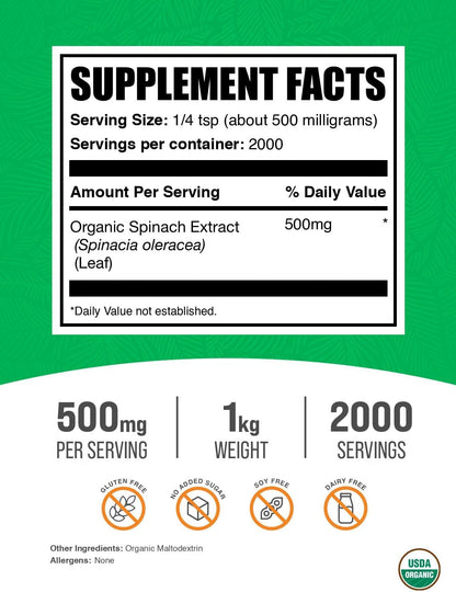 Organic Spinach Extract Powder - 500mg per Serving, 1kg