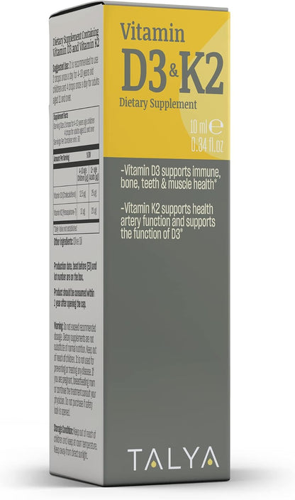 TALYA Vitamin D3 & K2 Liquid Drops, 1000 IU D3 with K2, Non-GM, Vegan, 60 Servings