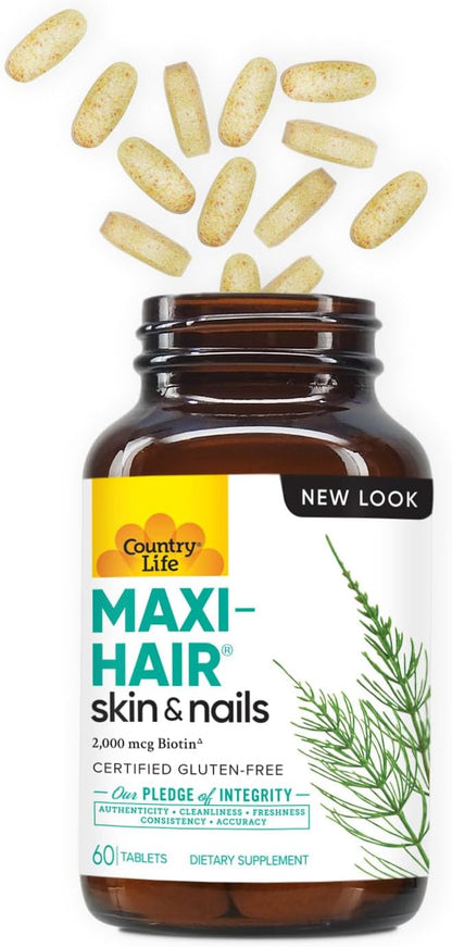 Country Life Maxi-Hair Supplement - 2000mcg Biotin for Hair, Skin and Nails - Certified Gluten-Free and Vegetarian - 60 Tablets
