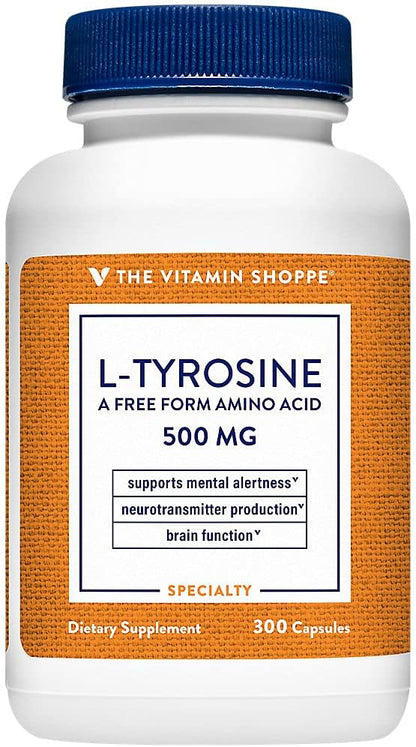 The Vitamin Shoppe L-Tyrosine 500mg – Mental Focus & Stress Support – Free-Form Amino Acid – 300 Capsules