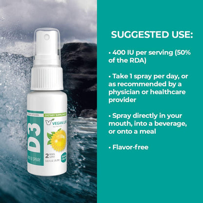 Vitamin D3 Spray for Adults (400 IU) - Orange-Flavoured, Vegan, Non-GMO, Gluten-Free - 19 ml