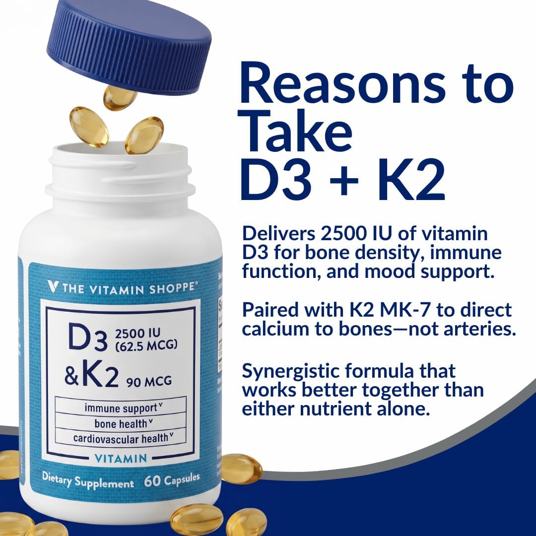 The Vitamin Shoppe Vitamin D3 2500 IU & K2 90 mcg with Calcium, D3 K2 MK7 Capsules for Bone Health, Immune Support & Cardiovascular Health, 60 Capsules - görsel 4