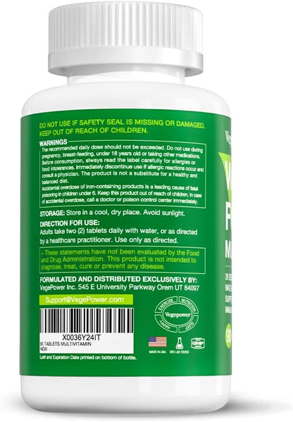 Vegan Whole Food Multivitamin with Iron – Daily Multivitamin for Men and Women, Methylated B-Complex, Non-GMO, 90 Tablets