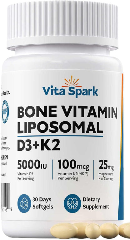 Vita Spark Vitamin D3 K2 Liposomal Supplement - 5000 IU D3, 100 mcg K2 MK-7 with Magnesium, 90 Mini Soft Capsules
