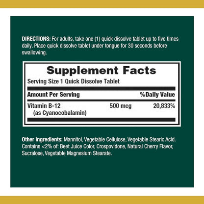 Nature's Bounty Vitamin B12 500 mcg Microlozenges, 100 Lozenges (Pack of 2)