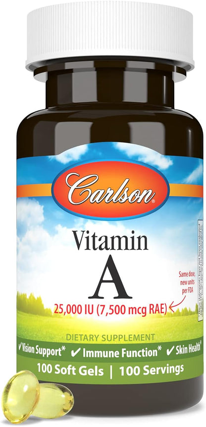 Carlson Vitamin A, 25000 IU (7500 µg), Vision and Skin Health, Immune Function, 100 Soft Gels