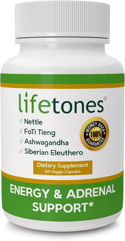 Life Tones Energy & Adrenal Support Capsules – Natural Energy Boost, Stress Relief and Adrenal Health Formula – 60 Vegan Capsules
