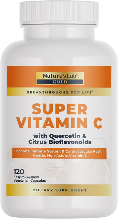 Nature's Lab Gold Super Vitamin C 1000 mg – Non-Acidic, with Bioflavonoids & Quercetin – 120 Capsules