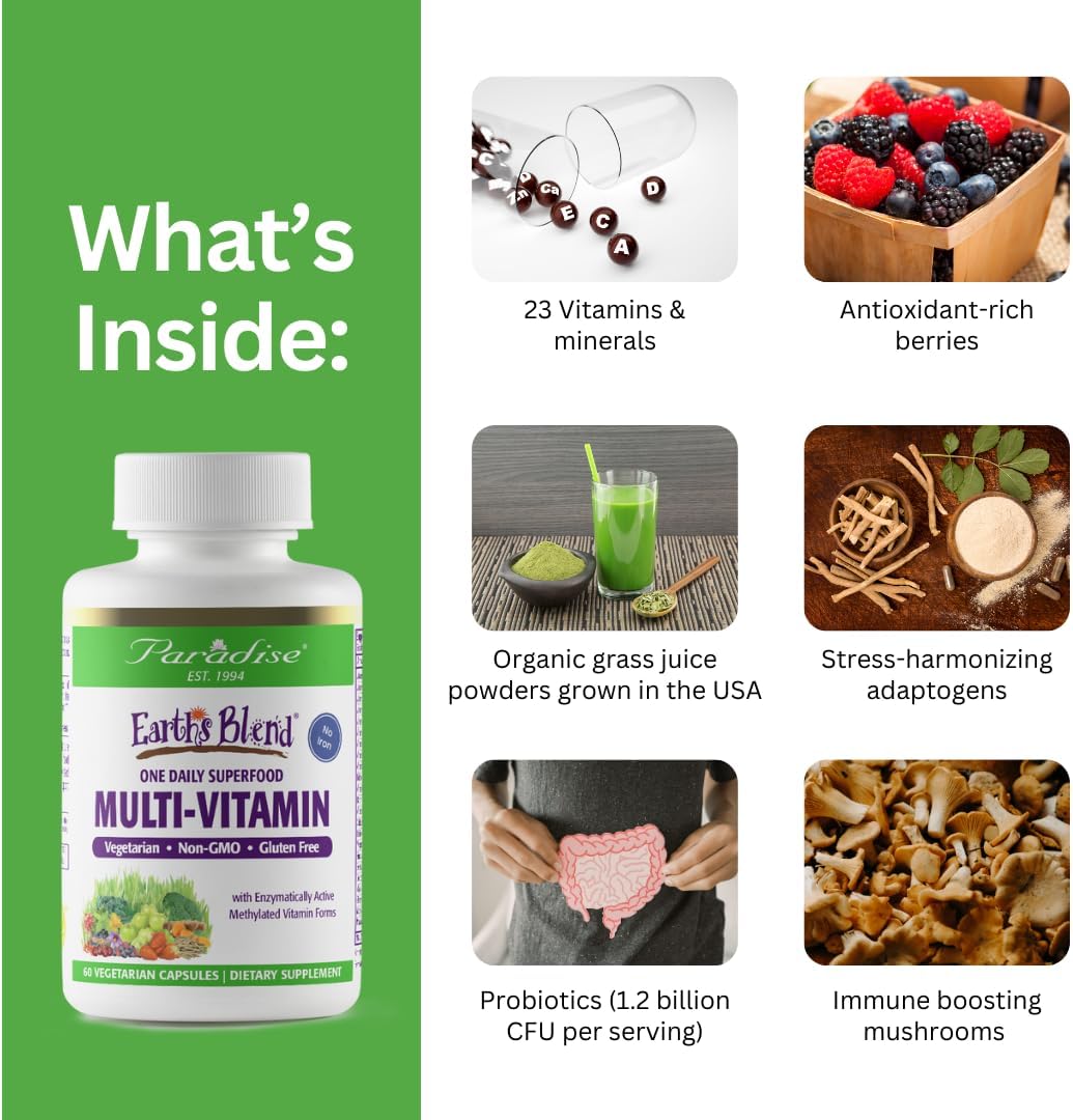 Paradise Herbs Earth's Blend Once Daily Multivitamin - No Iron, 48 Organic Superfoods, Probiotics, 60 Capsules - görsel 3