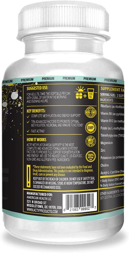 ACTIF Methylation Mega Support with 10 Advanced Factors and Organic Folate – 100% Natural, Non-GMO, 90 Capsules