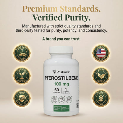 PRISTINE'S Pterostilbene 100mg Anti Ageing Supplement Capsules - 60 Day Supply