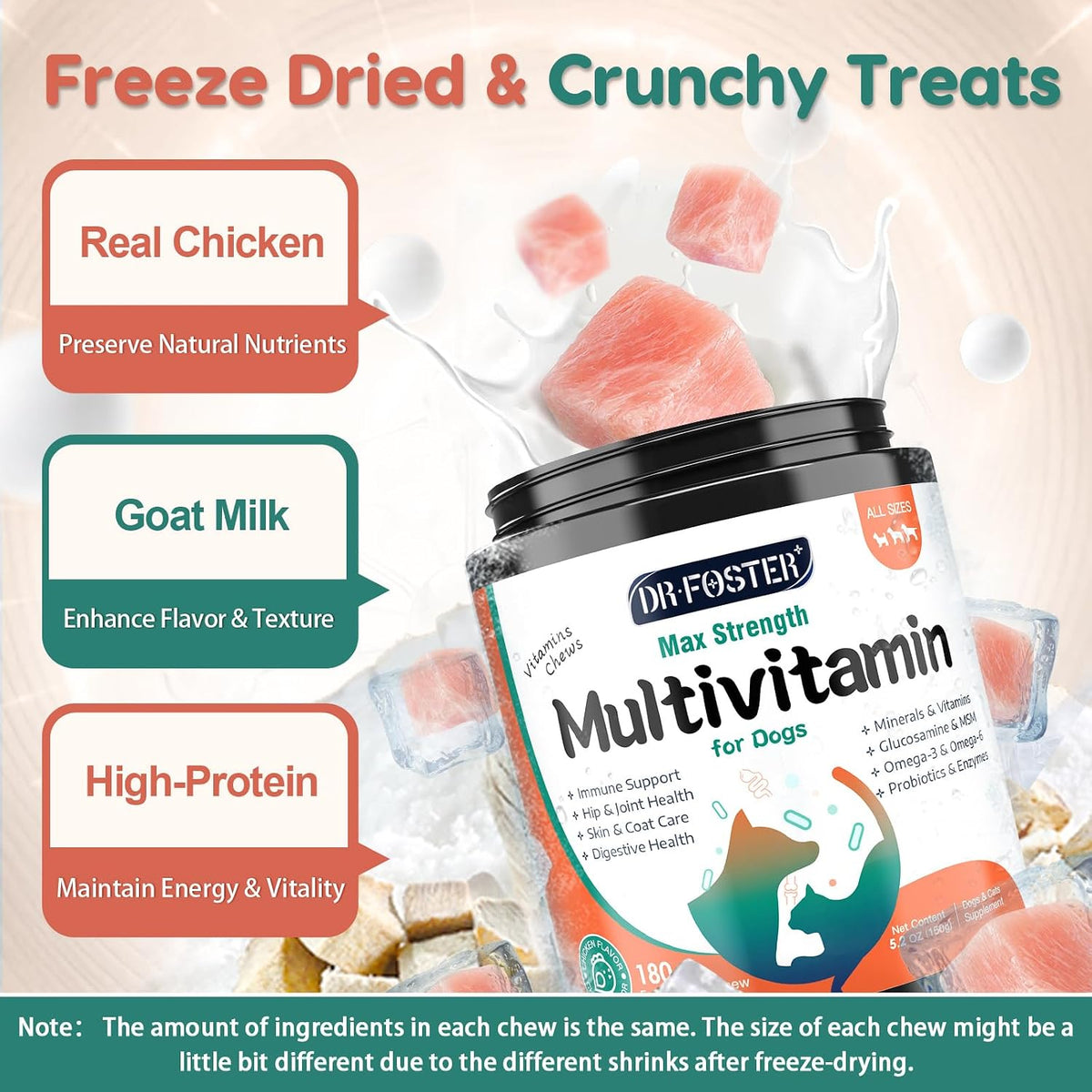 Dog Multivitamin, Dog Vitamins and Supplements, Multivitamin for Dogs with Glucosamine, Probiotics & Omega-3 for Joint, Digestive, Skin, Coat and Immune Health, Chicken Flavour - 180 Bites - görsel 3
