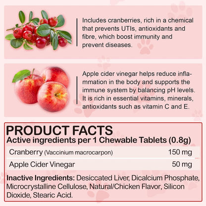 Cranberry for Dogs – Urinary Support Chewable Tablets, Chicken Flavour (180 Count)