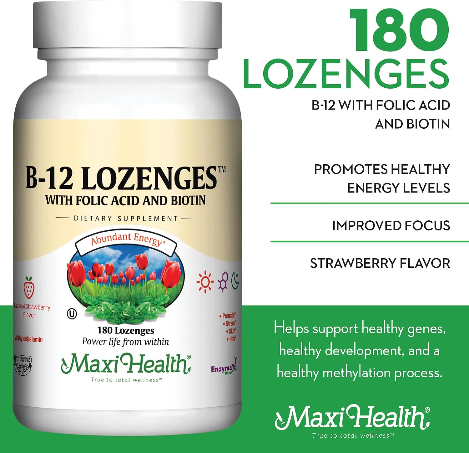 Maxi Health Vitamin B12 Lozenges - Sublingual Strawberry, 800 µg, 180 Count - görsel 3