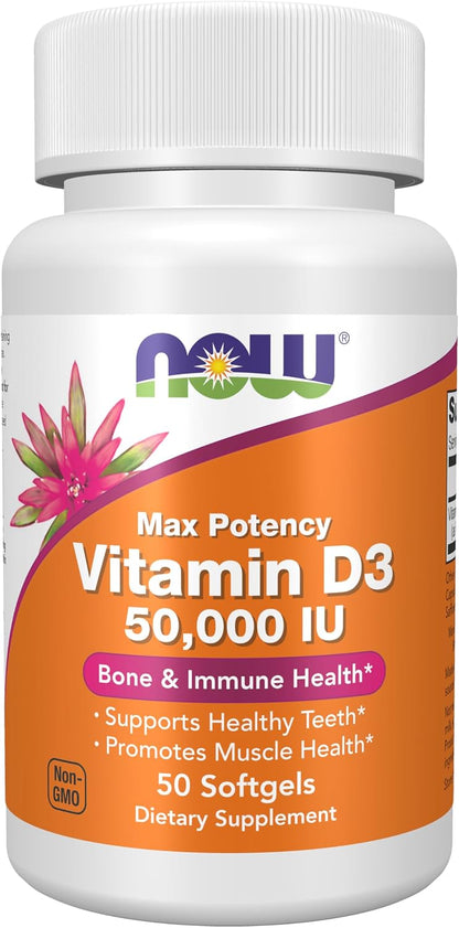 NOW Foods Vitamin D-3 50,000 IU Softgels, 50 Count