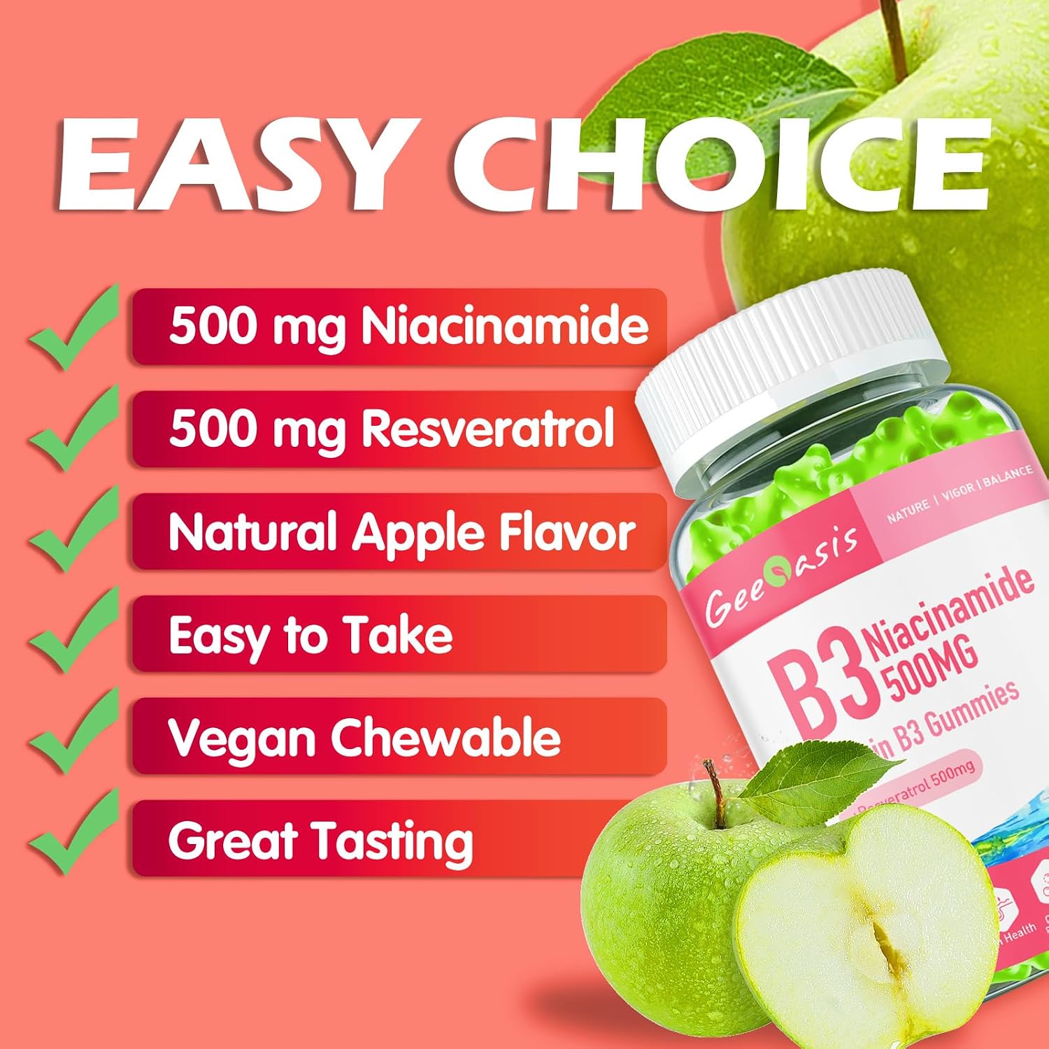 Niacinamide 500mg Gummies, Chewable Vitamin B3 Supplement with Resveratrol 500mg, High Potency Niacinamide for Skin & Brain Health, Immune Support, Vegan Apple Flavour, 60 Count - görsel 7