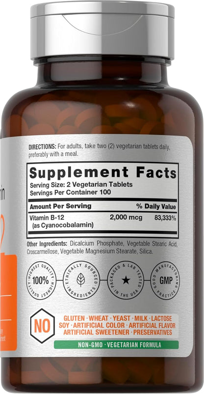 Horbäach B12 Vitamin 2000 mcg | 200 Vegetarian Tablets | Non-GM & Gluten-free