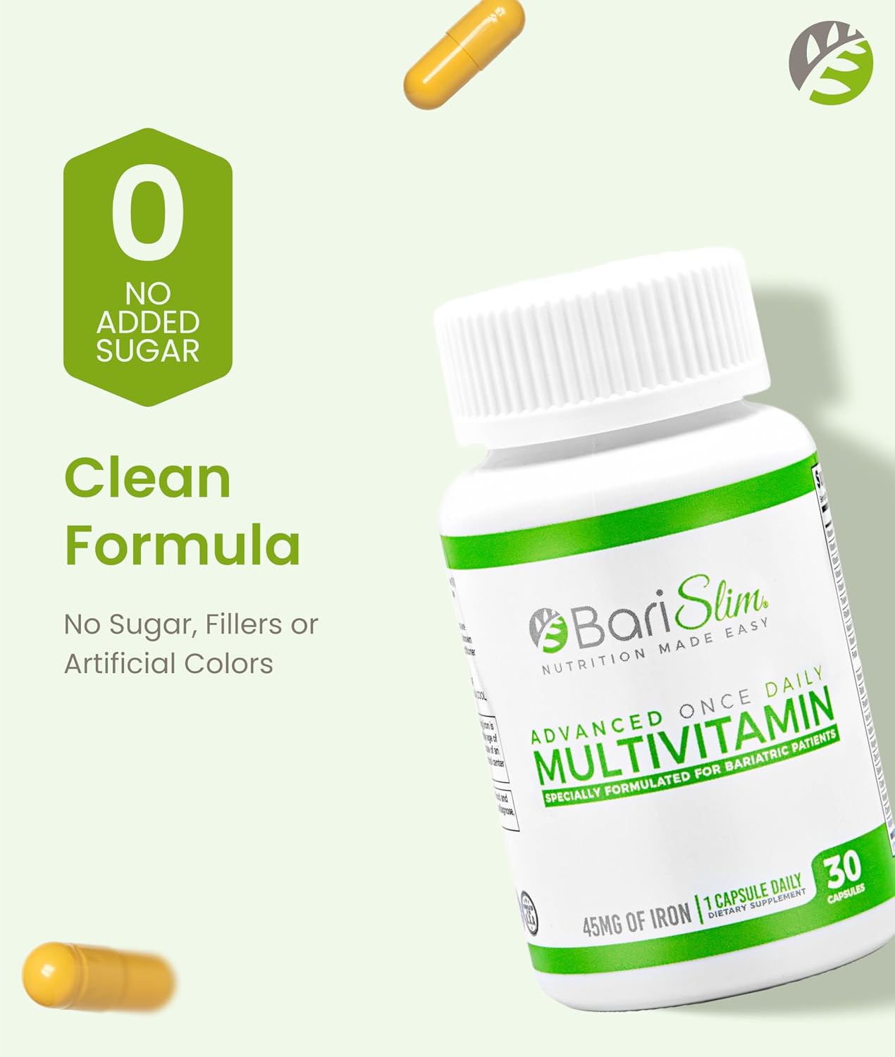 BariSlim Advanced Once Daily Bariatric Multivitamin Capsule - 45 mg of Iron - For Post Bariatric Surgery Including Gastric Bypass and Gastric Sleeve | 30 Day Supply - görsel 4