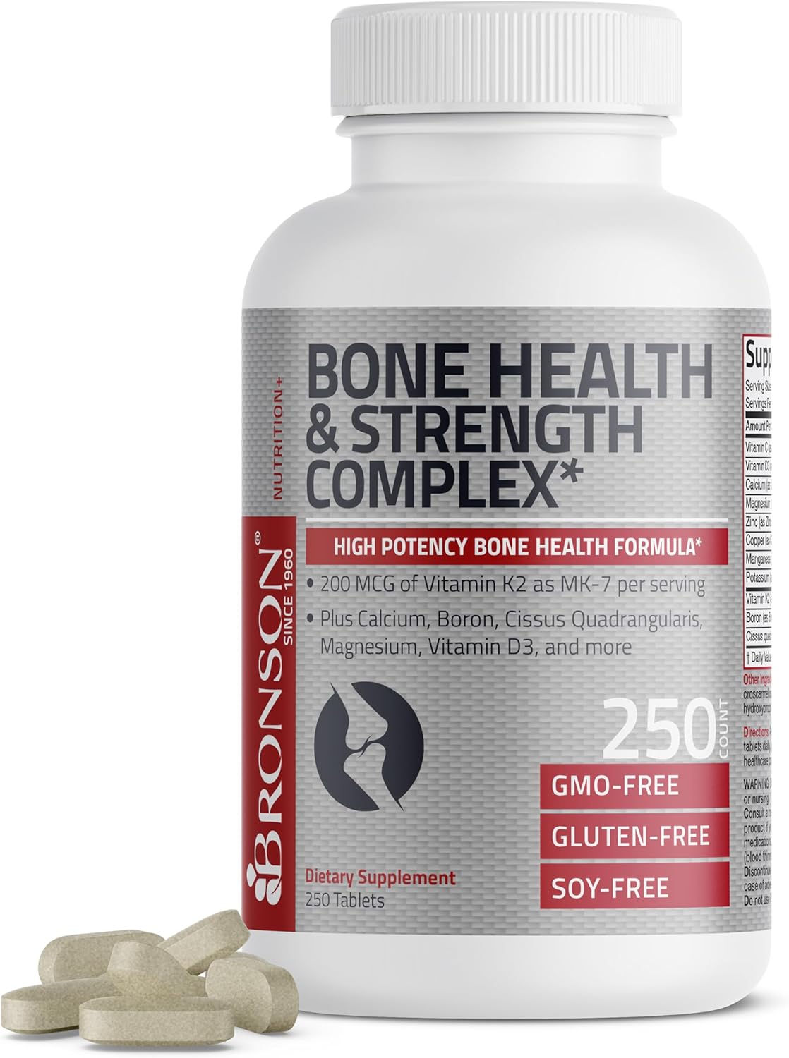 Bronson Bone Health & Strength Complex - High Potency Formula with Vitamin K2 MK-7, Calcium, Magnesium, Vitamin D3, Boron, Cissus Quadrangularis - Non-GMO, 250 Tablets - görsel 1
