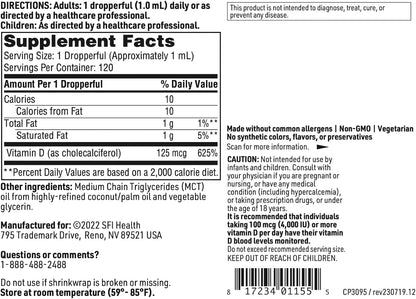 Klaire Labs Vitamin D3 Liquid Drops – High Potency 5000 IU in MCT Oil, 120ml