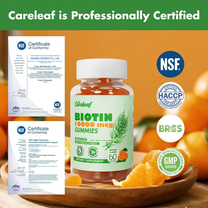 Careleaf Biotin 10000mcg Gummies for Hair, Skin and Nails, with Collagen & Keratin, 60 Count (Orange Flavour)