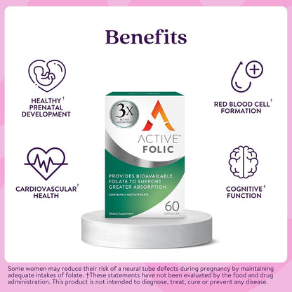 Active Folic Acid Supplement, 400mcg L-Methylfolate, Supports Pregnancy & Energy, Vegan, 60 Capsules