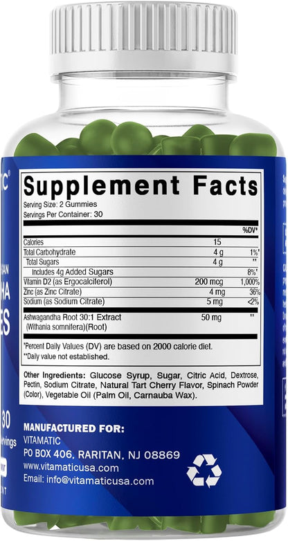 Vitamatic Ashwagandha 30:1 Extract Gummies - 50mg per Serving, 3% Withanolides, 60 Count
