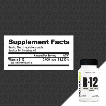 NutraBio Methyl B-12 2000mcg – Contributes to Normal Energy and Nervous System Function, 90 Vegetable Capsules