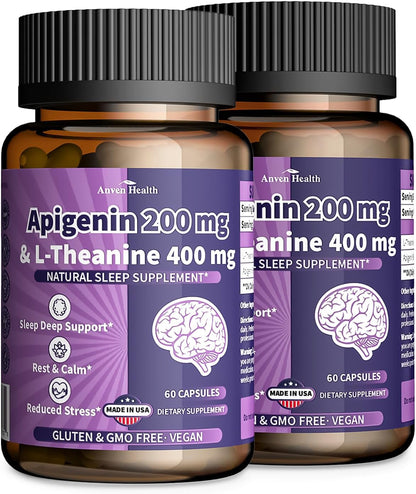 Anven Health L-Theanine 400mg with Apigenin 200mg – Natural Relaxation & Sleep Support – 180 Veggie Capsules