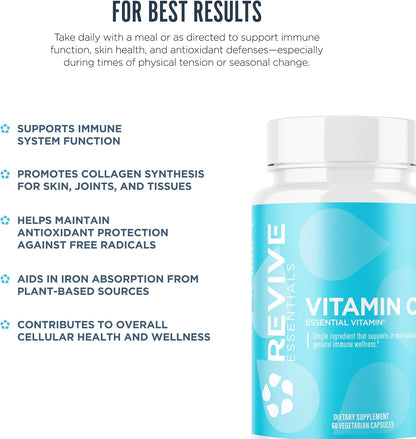 Revive MD Vitamin C 1000mg - High-Potency Ascorbic Acid Supplement for Immune Support & Antioxidant Health - Non-GMO, No Fillers (200 Vegetarian Capsules)