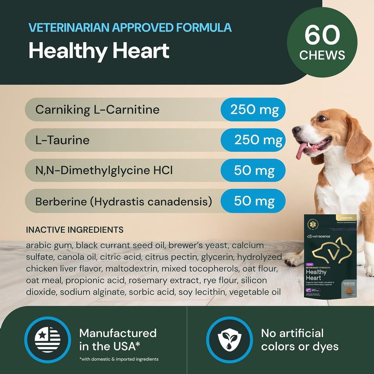 VETRISCIENCE Veterinary Strength Healthy Heart Chews – Heart & Energy Supplement for Pets – Cardiovascular Support – Chicken Flavour – 60 Count - görsel 3