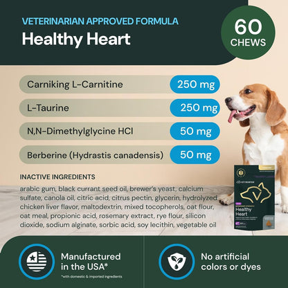 VETRISCIENCE Veterinary Strength Healthy Heart Chews – Heart & Energy Supplement for Pets – Cardiovascular Support – Chicken Flavour – 60 Count