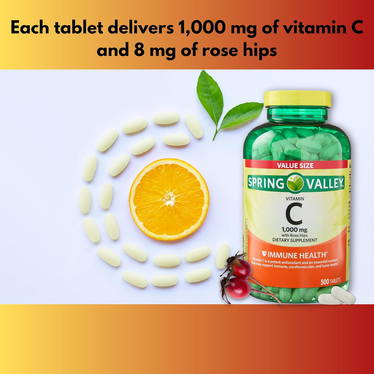 Vitamin C 1000mg Tablets with Rose Hips – 500 Count - görsel 3