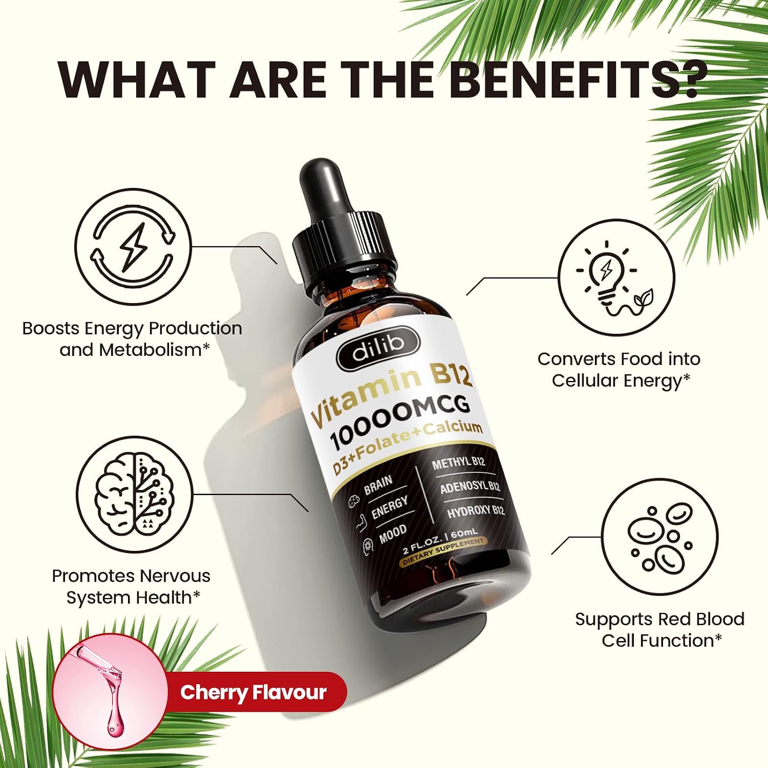 Vitamin B12 Complex 10000 mcg - Triple Liquid B12 Drops Sublingual Supplement with Methylcobalamin, Adenosylcobalamin and Hydroxocobalamin - Cherry Flavour - görsel 8