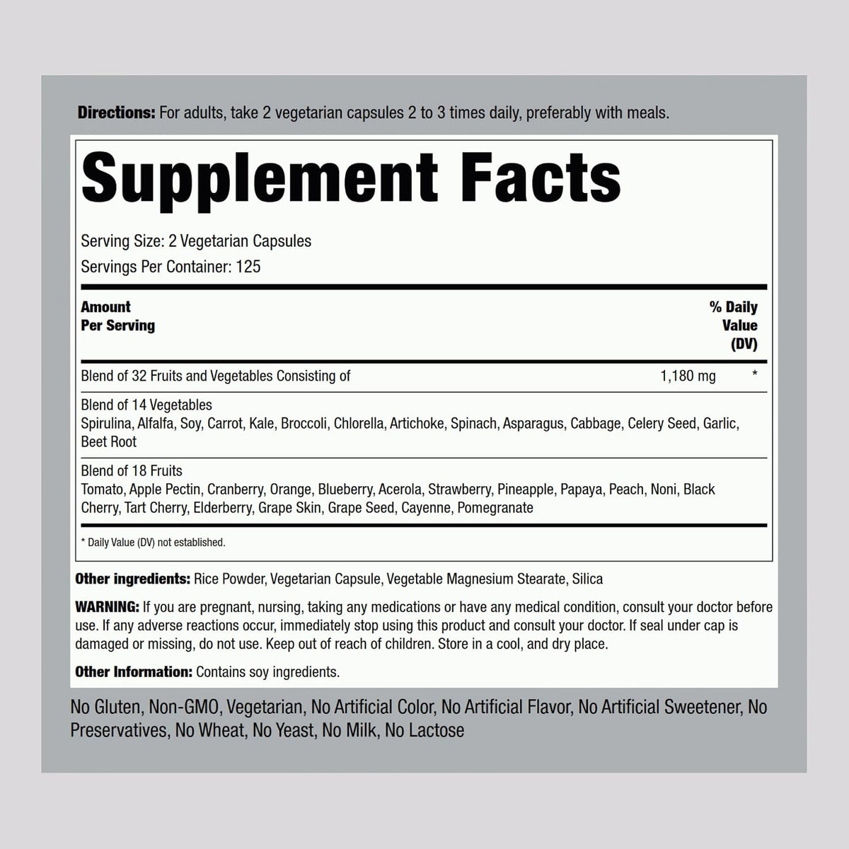 Piping Rock Fruit and Veg Supplement - 250 Capsules - Superfood Blend with Phytonutrients - Vegetarian, Non-GMO, Gluten-free - görsel 2