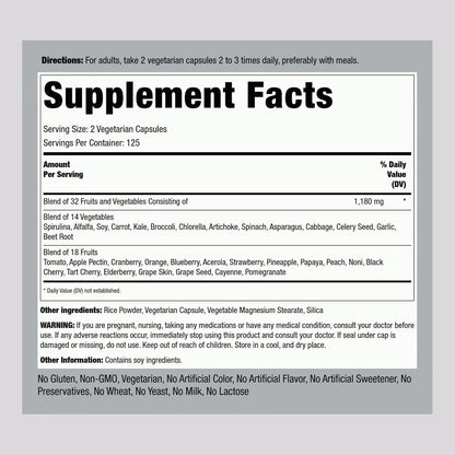 Piping Rock Fruit and Veg Supplement - 250 Capsules - Superfood Blend with Phytonutrients - Vegetarian, Non-GMO, Gluten-free