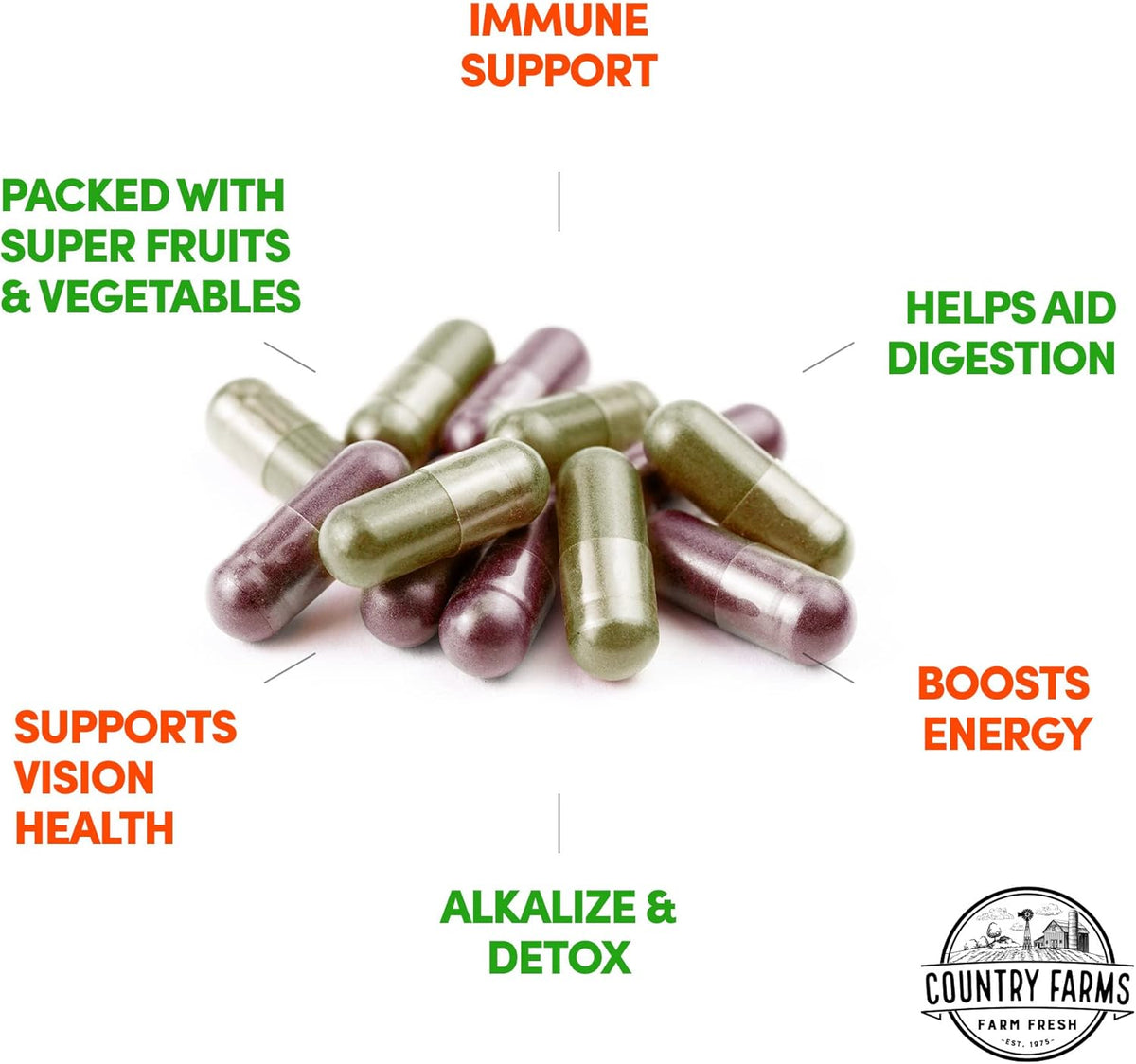 Country Farms Fruit and Vegetable Supplement - 180 Fruit and 180 Vegetable Capsules, 60 Servings - görsel 6