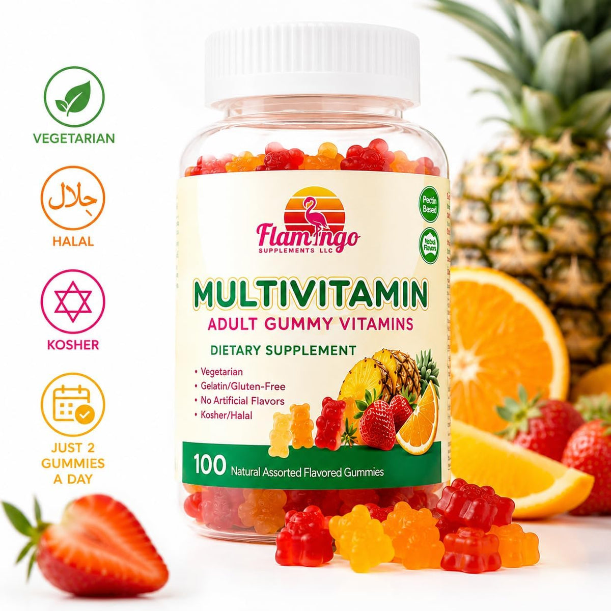 Flamingo Supplements Multivitamin Gummies | Vegan Friendly, Kosher Halal, No Gelatine, Non-GMO | for Men, Women & Kids | 3 Natural Flavours | Vitamins C, B3, B12, Biotin, Zinc & More | 100 Gummies - görsel 4