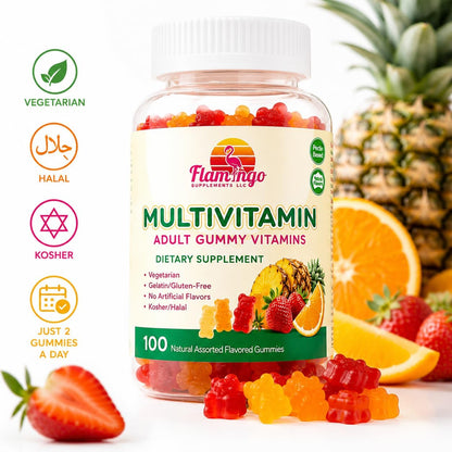 Flamingo Supplements Multivitamin Gummies | Vegan Friendly, Kosher Halal, No Gelatine, Non-GMO | for Men, Women & Kids | 3 Natural Flavours | Vitamins C, B3, B12, Biotin, Zinc & More | 100 Gummies