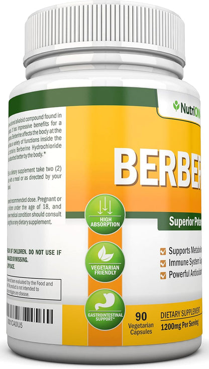 NutriONN Berberine 1200mg – 90 Vegetarian Capsules – Pure Berberine HCl Extract Supplement