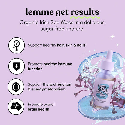 Lemme Irish Sea Moss Organic Liquid Drops with Vitamin D3 & Biotin – For Normal Thyroid Function, Immunity, Hair, Skin & Nails, 30 ml (30-Day Supply)